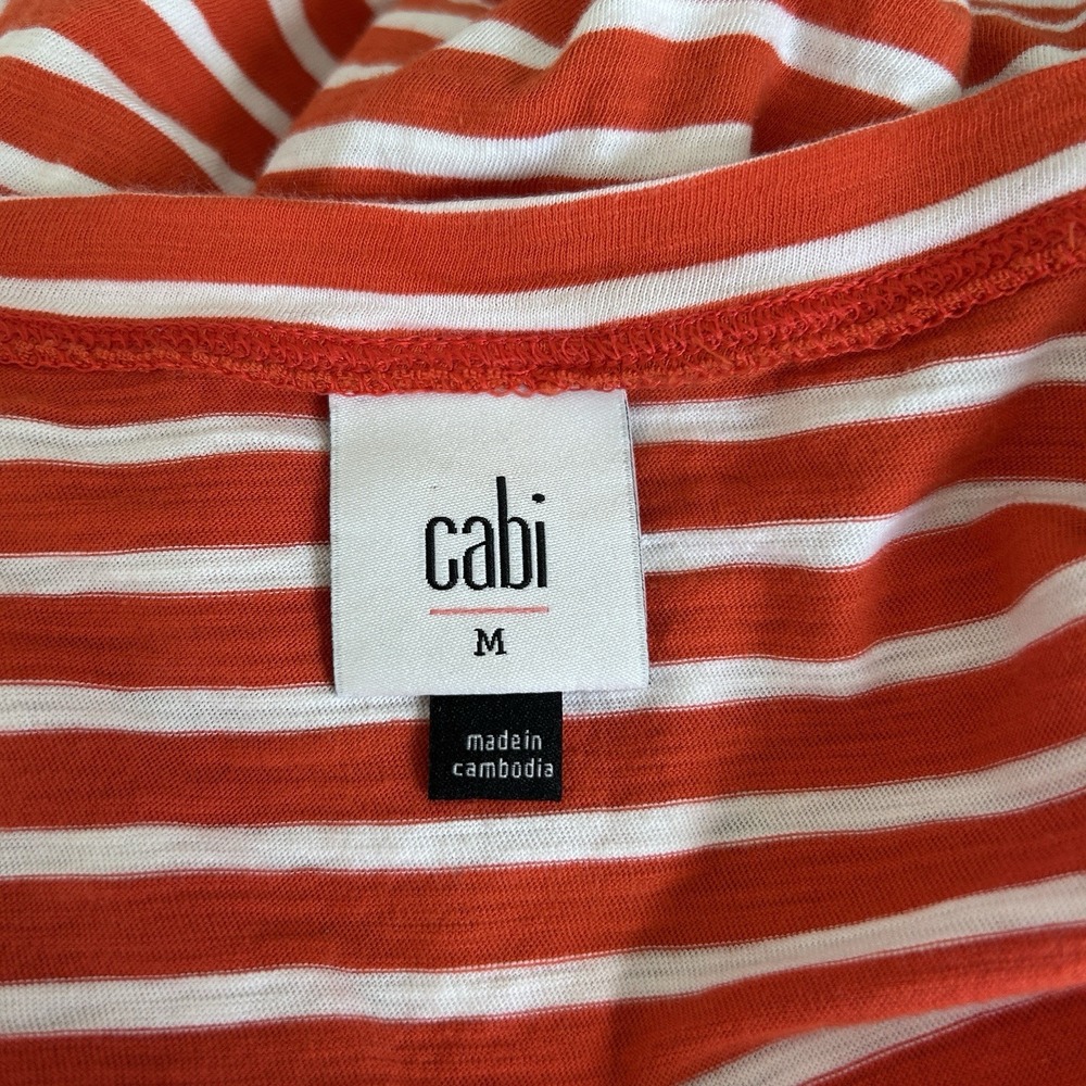 CABI Size Medium Poolside‎ Puff Sleeve Top Orange White Stripe #5984 Blouse - Picture 3 of 13